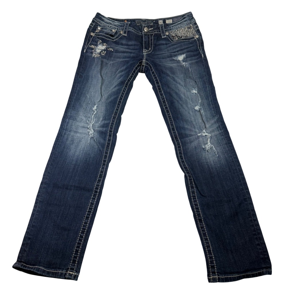 Miss Me Signature Skinny Jeans 31 Dark Wash Distressed Embellished JE8055S8R